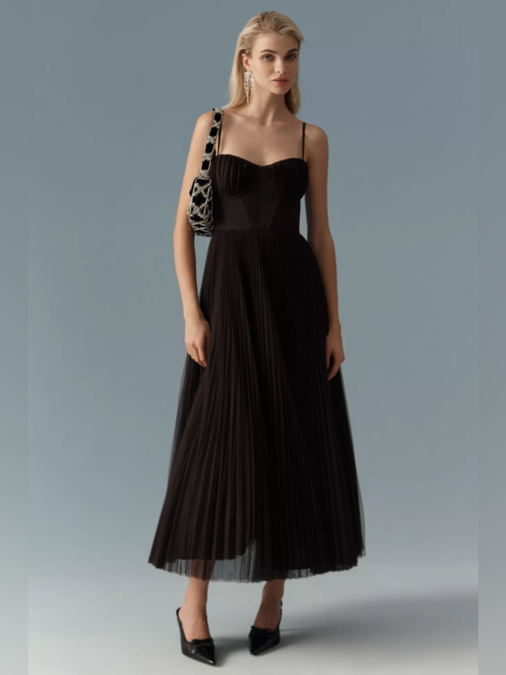 Hutch Amara Corset Pleated Tulle Fit & Flare Midi Dress Anthropologie